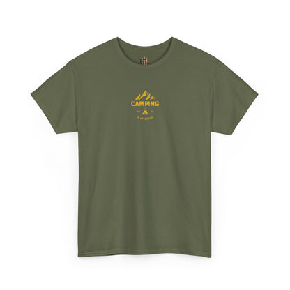 Green t-shirt with yellow 'Camping' graphic on a white background