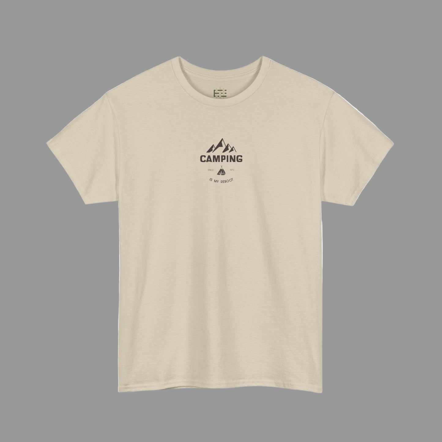 Beige t-shirt with black 'Camping' graphic on a white background