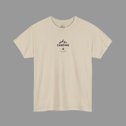 Beige t-shirt with black 'Camping' graphic on a white background