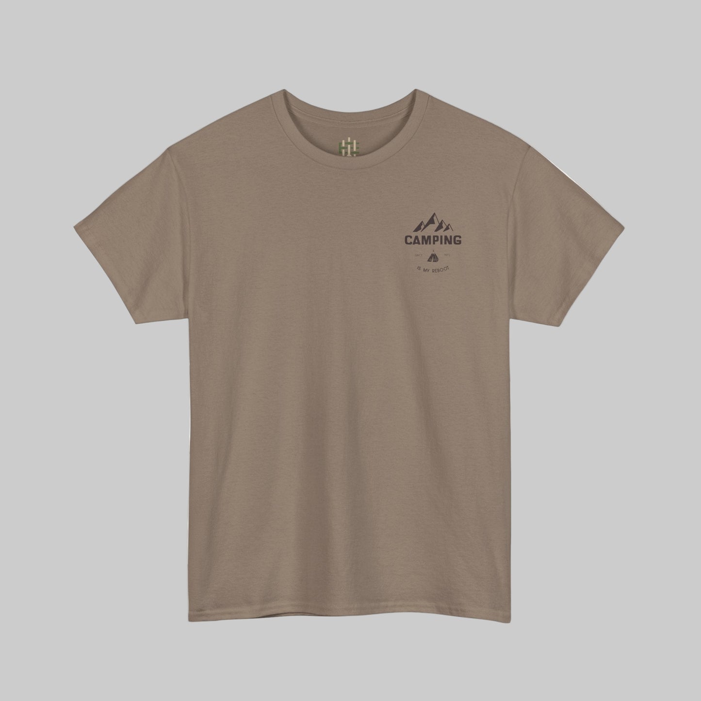 Brown t-shirt with 'Camping' graphic on a white background