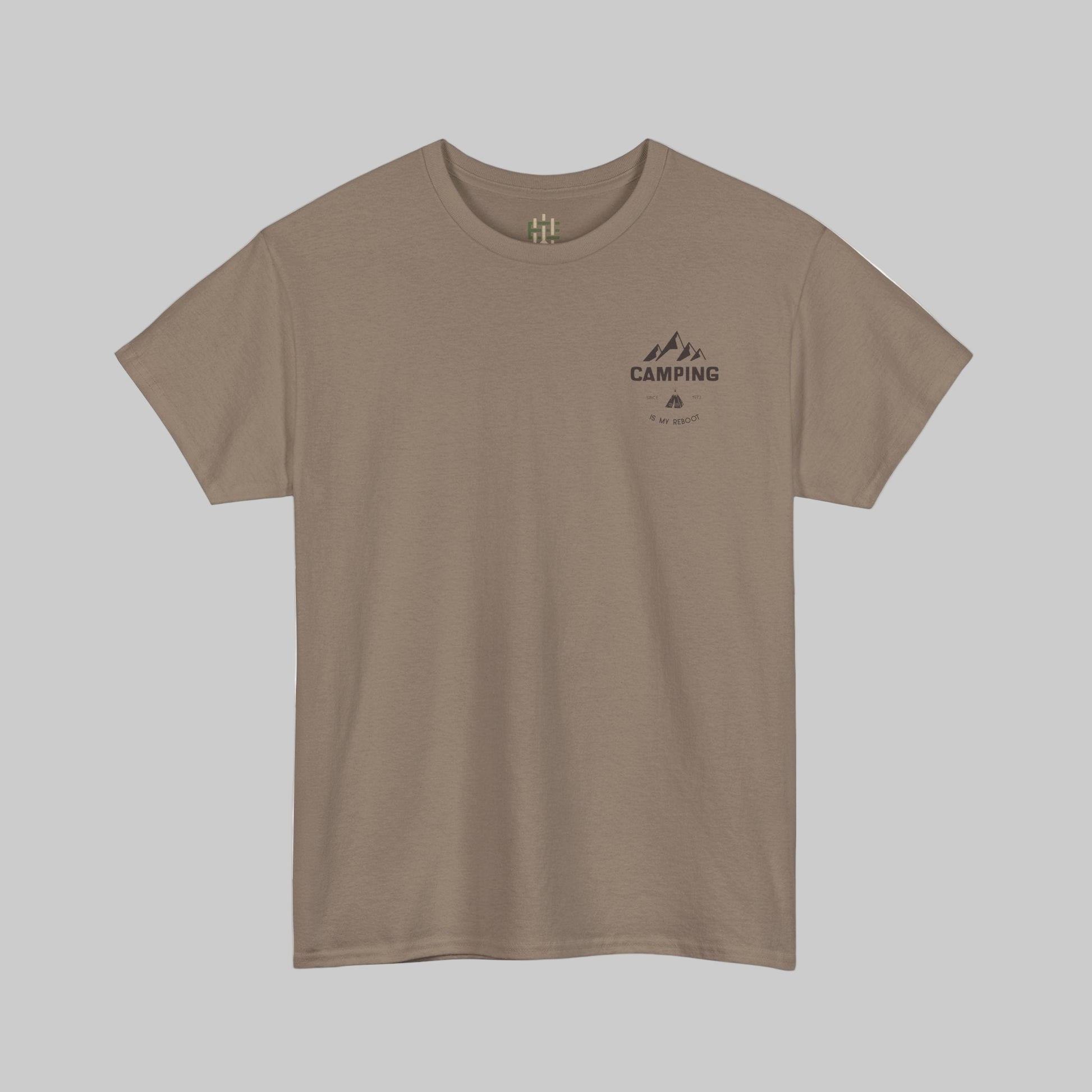Brown t-shirt with 'Camping' graphic on a white background