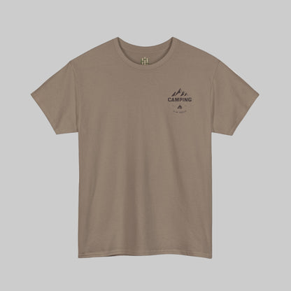 Brown t-shirt with 'Camping' graphic on a white background