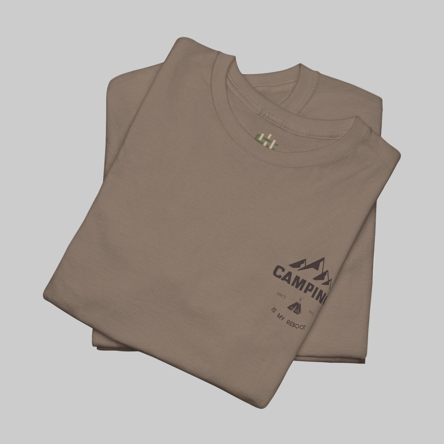 Folded brown t-shirt with a logo and text on a white background