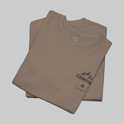 Folded brown t-shirt with a logo and text on a white background