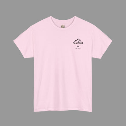Pink t-shirt with a camping graphic on a white background