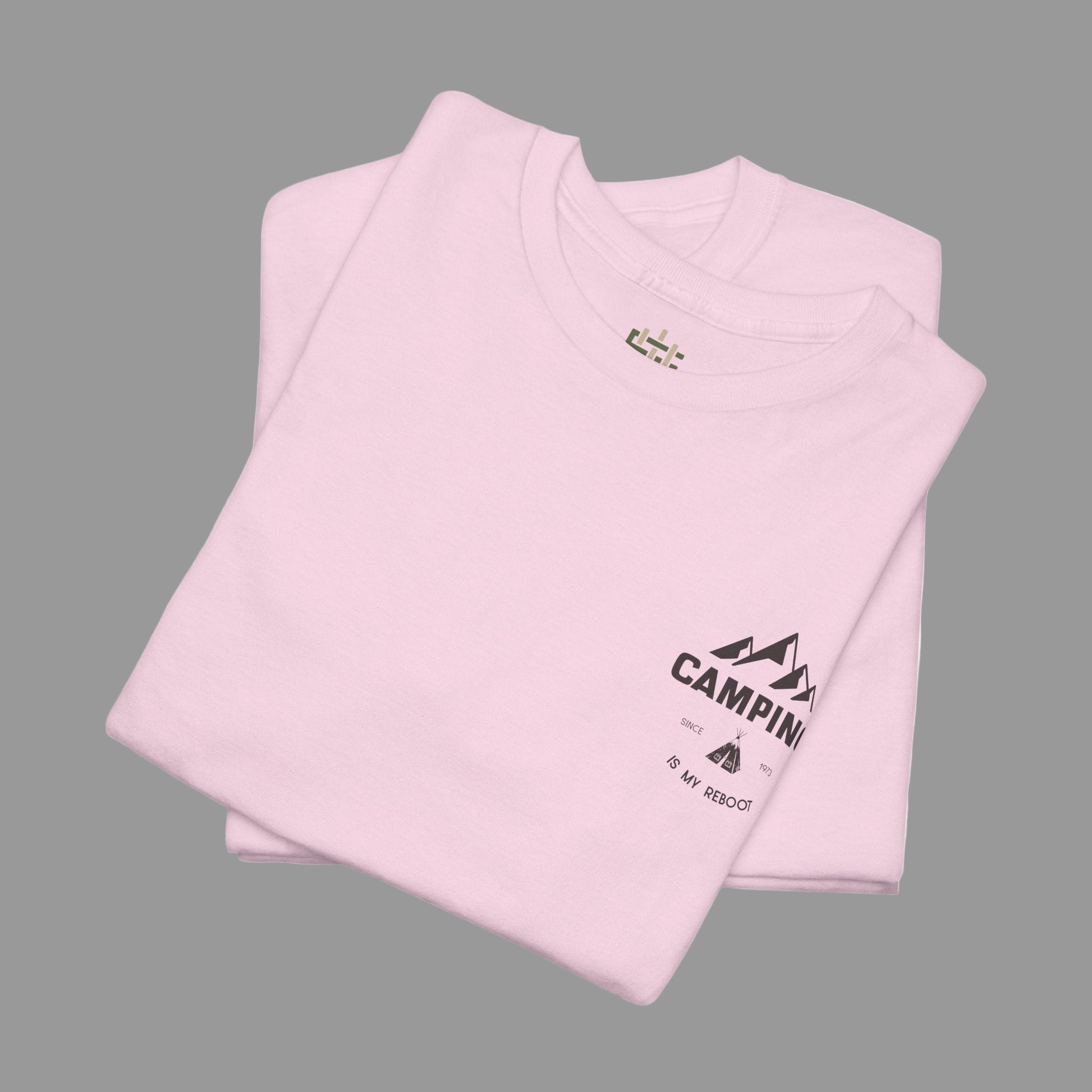 Folded pink t-shirt with a logo on a white background