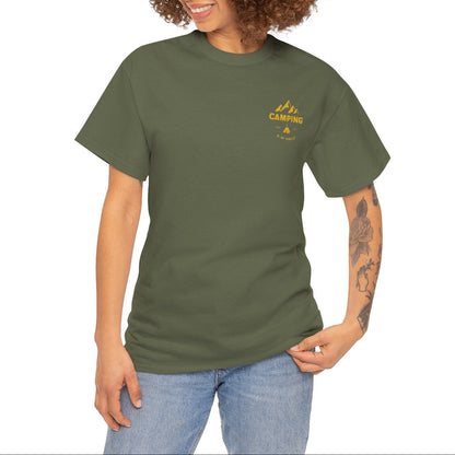 Woman wearing a green t-shirt with a yellow graphic on a white background