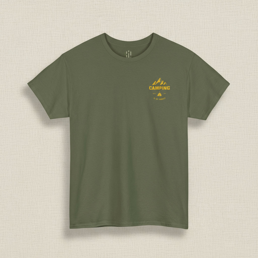 Green t-shirt with yellow 'Camping' graphic on a white background