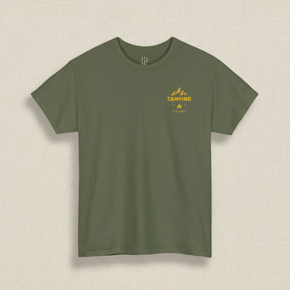 Green t-shirt with yellow 'Camping' graphic on a white background