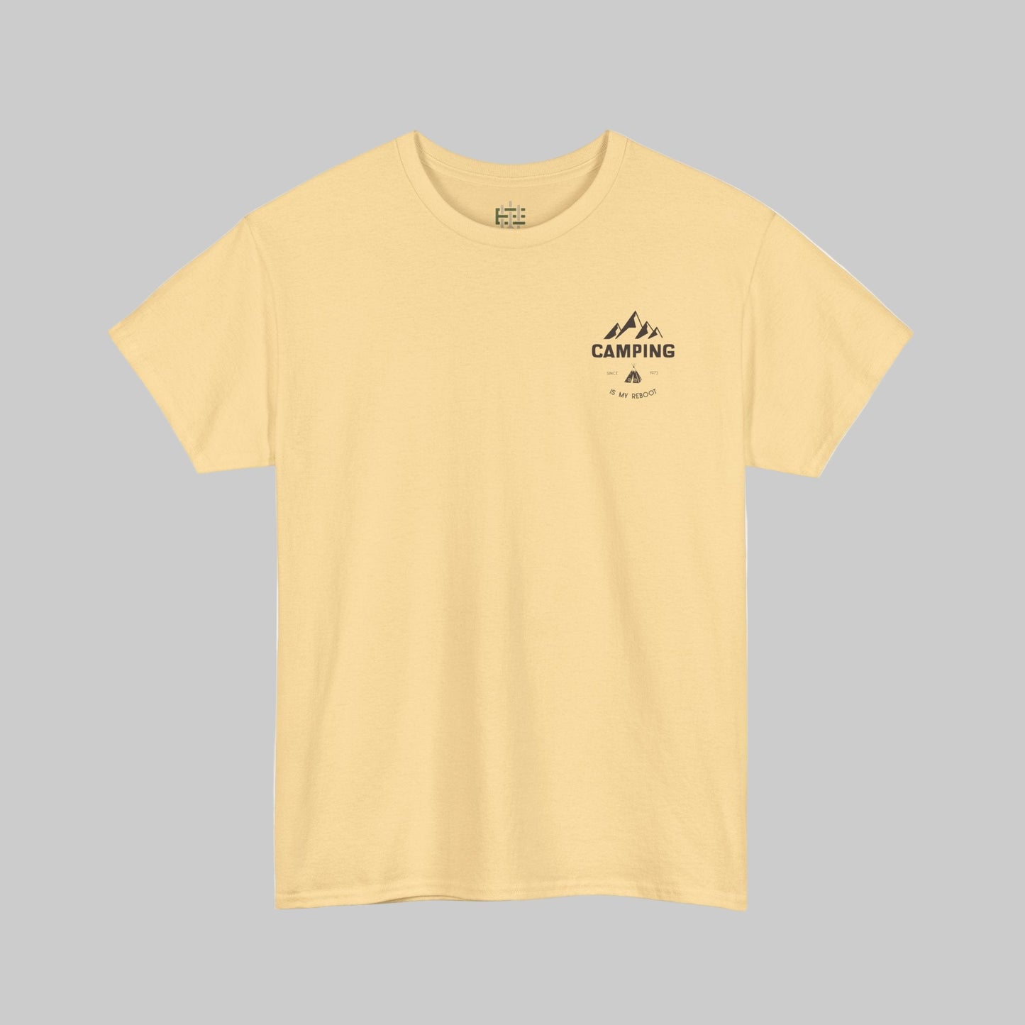 Yellow t-shirt with a black 'Camping' graphic on a white background