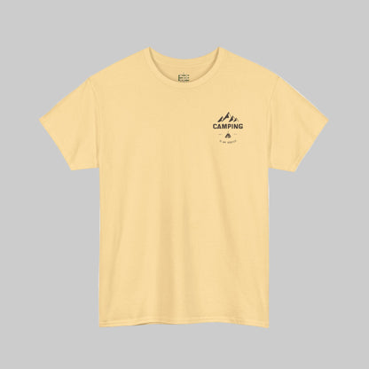 Yellow t-shirt with a black 'Camping' graphic on a white background