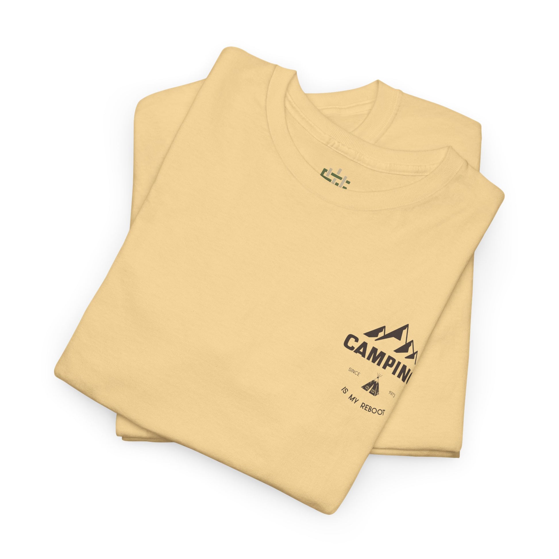 Beige t-shirt with black text and graphics on a white background