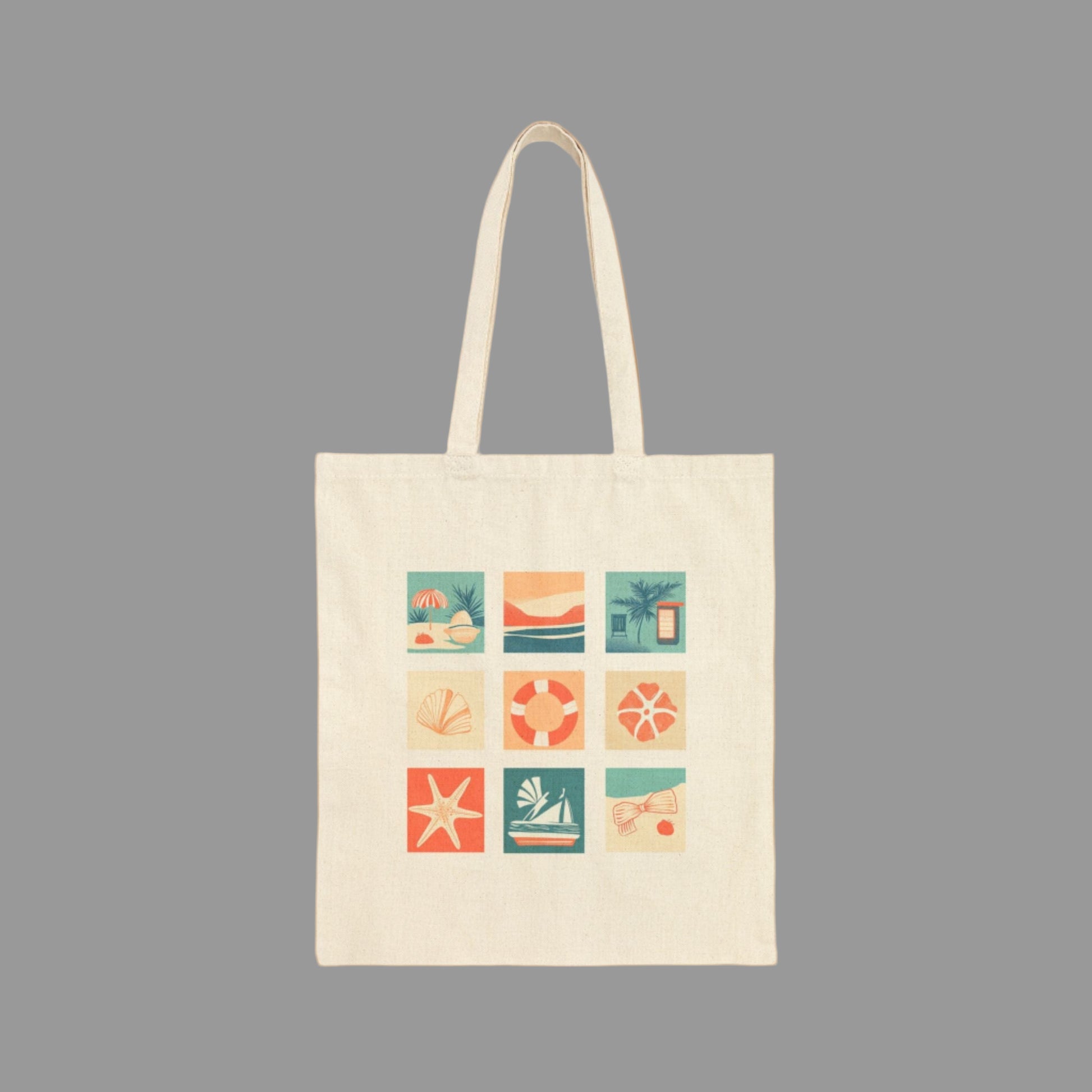 Beige tote bag with colorful geometric patterns on a white background