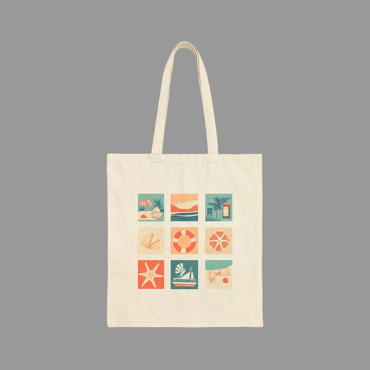 Beige tote bag with colorful geometric patterns on a white background
