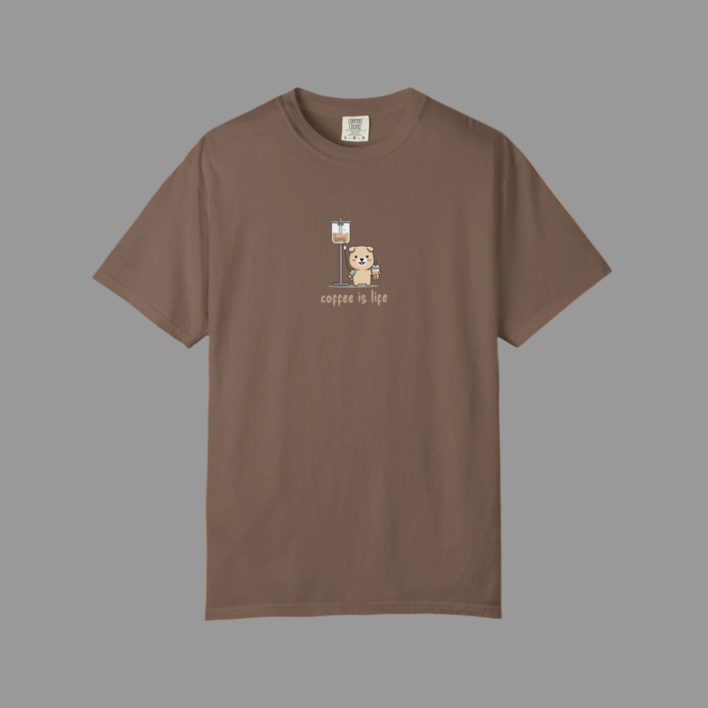 Brown t-shirt with a graphic of a bear and coffee cup on a white background
