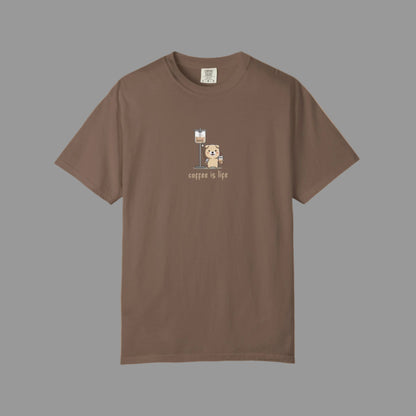 Brown t-shirt with a graphic of a bear and coffee cup on a white background