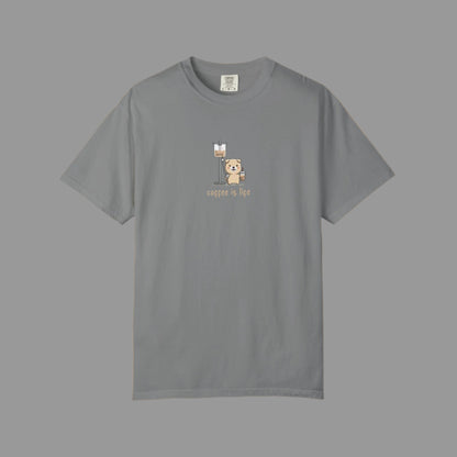 Gray t-shirt with a bear and coffee cup graphic on a white background