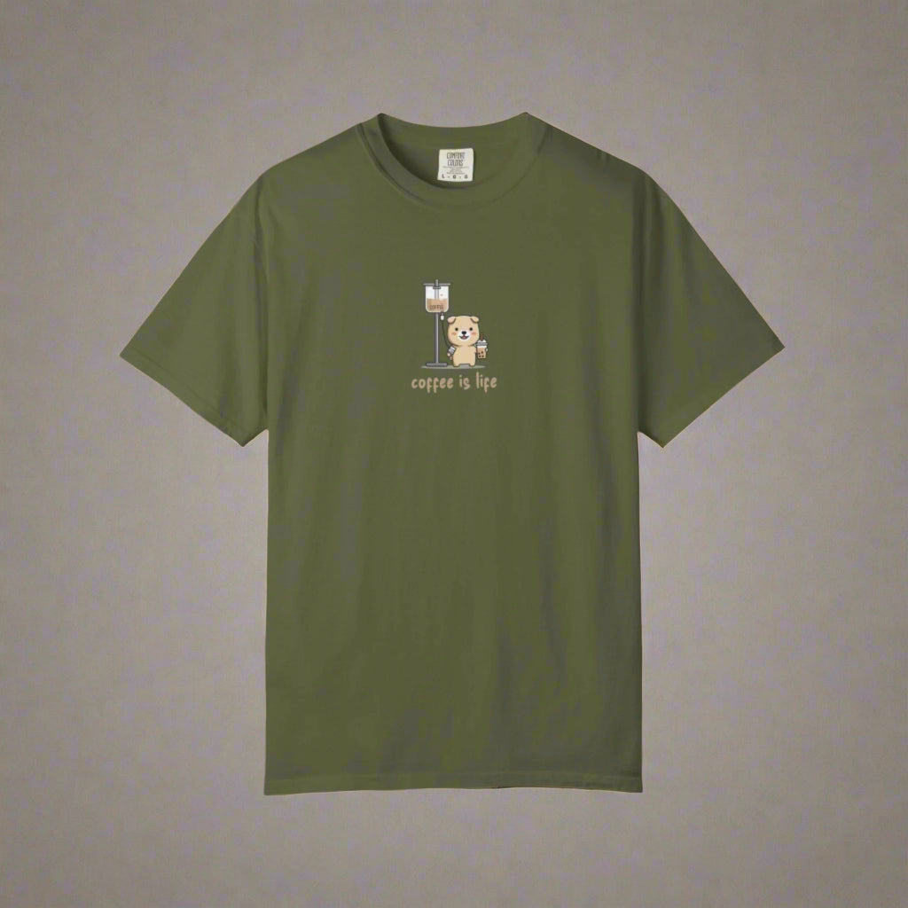 Green t-shirt with a graphic of a bear and coffee cup on a white background