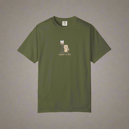 Green t-shirt with a graphic of a bear and coffee cup on a white background