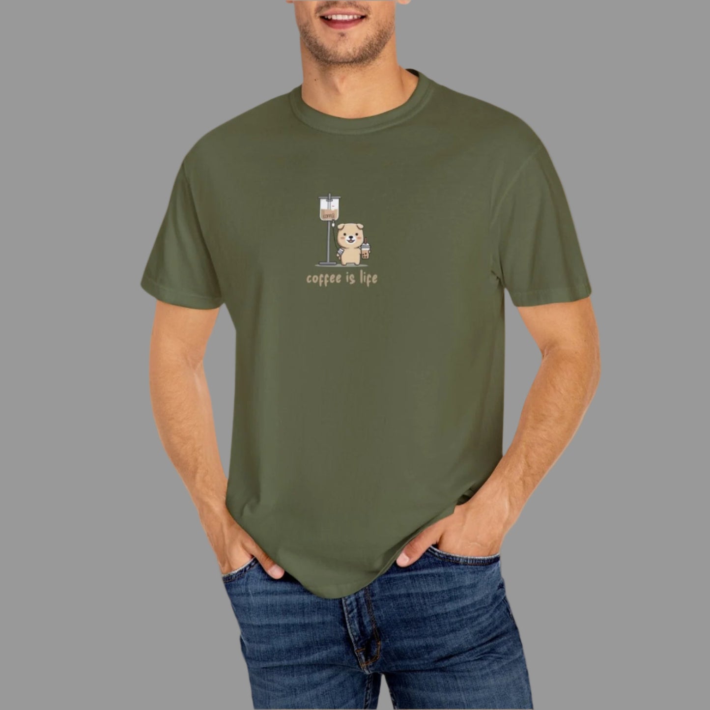 Man wearing a green t-shirt with a graphic design on a white background