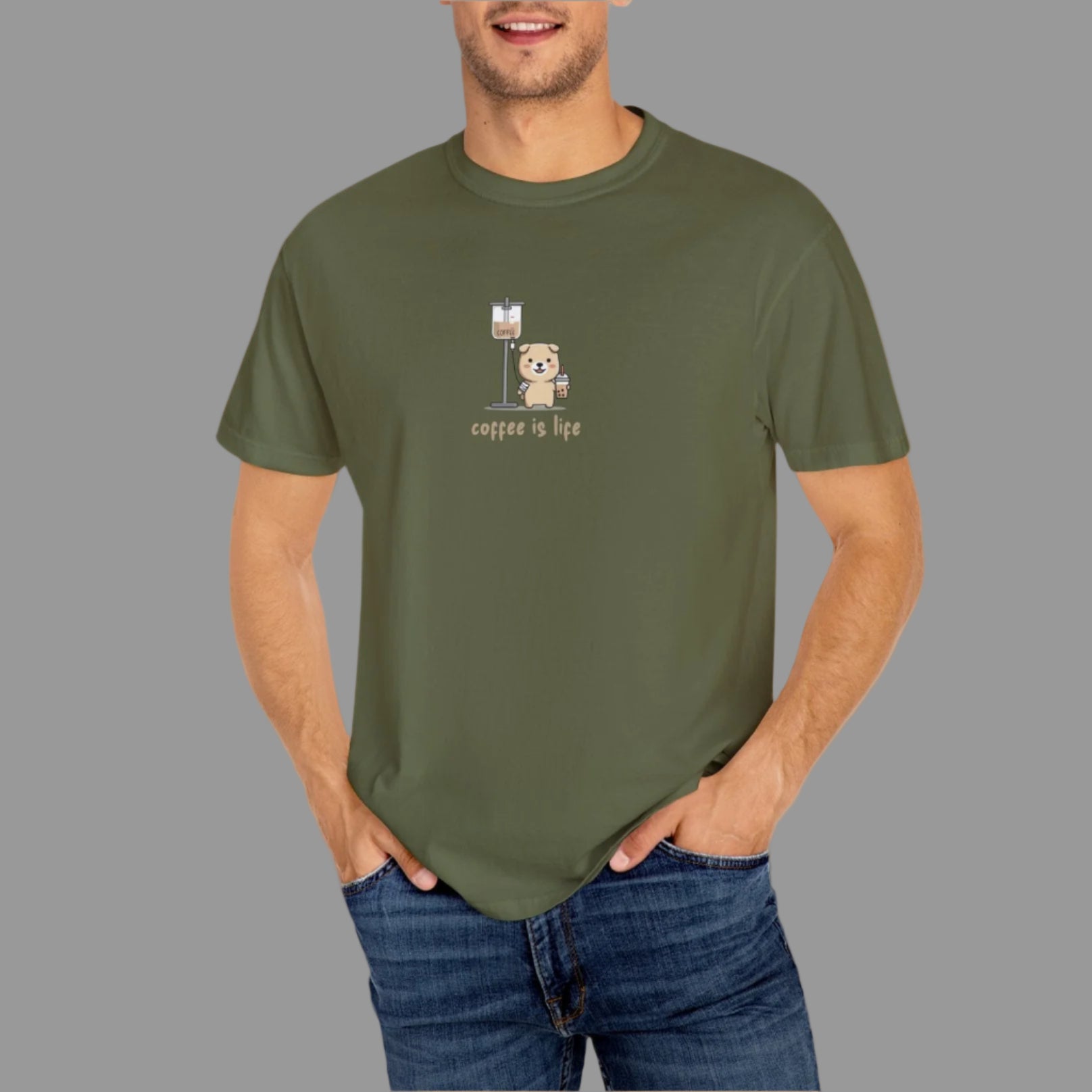 Man wearing a green t-shirt with a graphic design on a white background