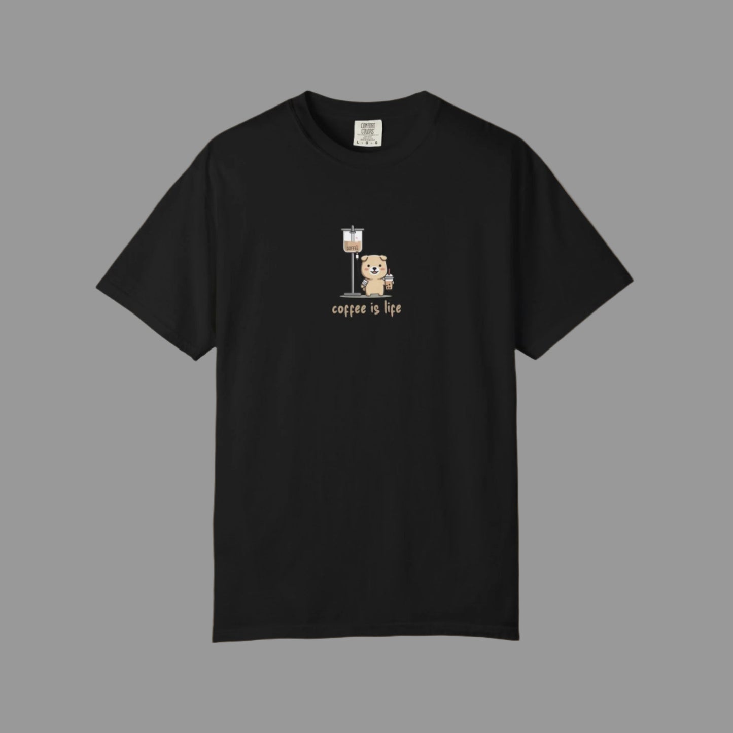 Black t-shirt with a graphic of a bear and coffee cup on a white background