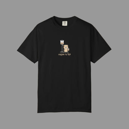 Black t-shirt with a graphic of a bear and coffee cup on a white background