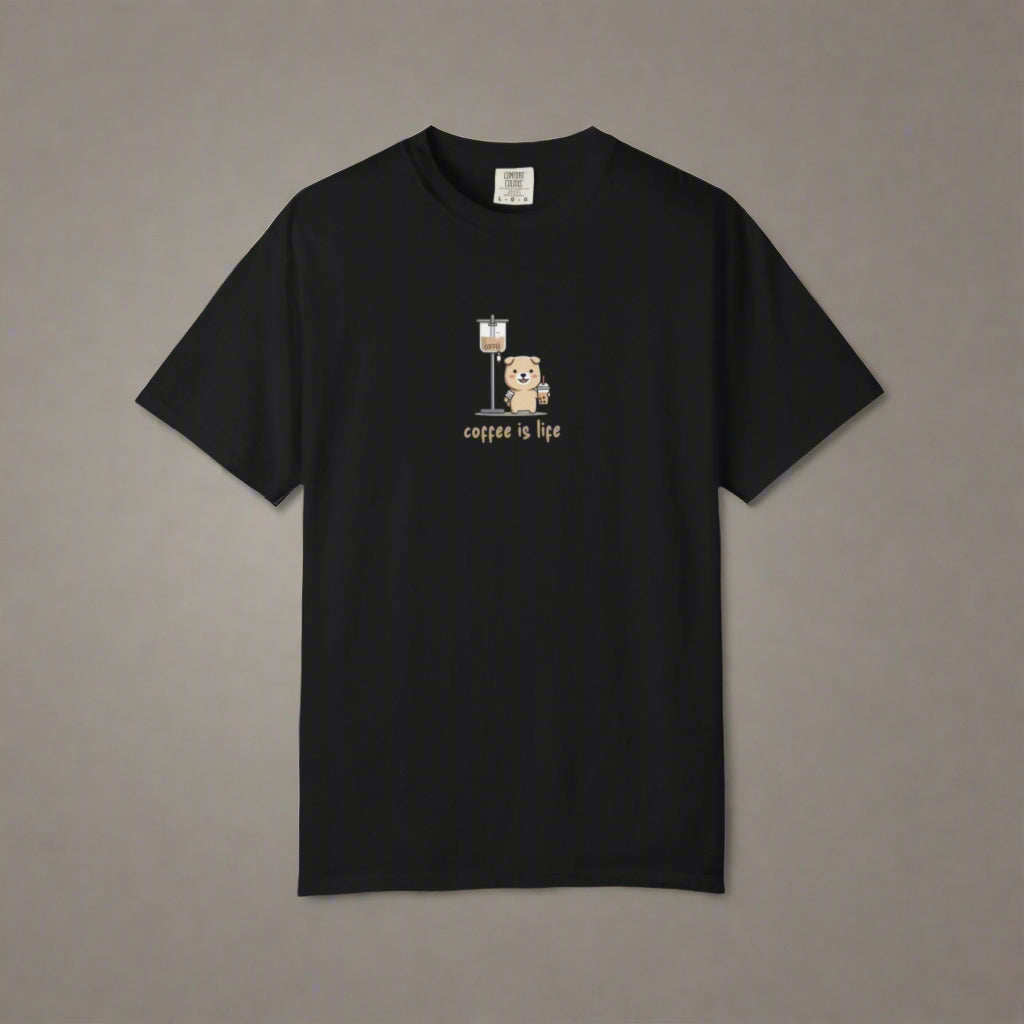 Black t-shirt with a graphic of a bear and coffee cup on a white background