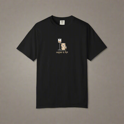 Black t-shirt with a graphic of a bear and coffee cup on a white background