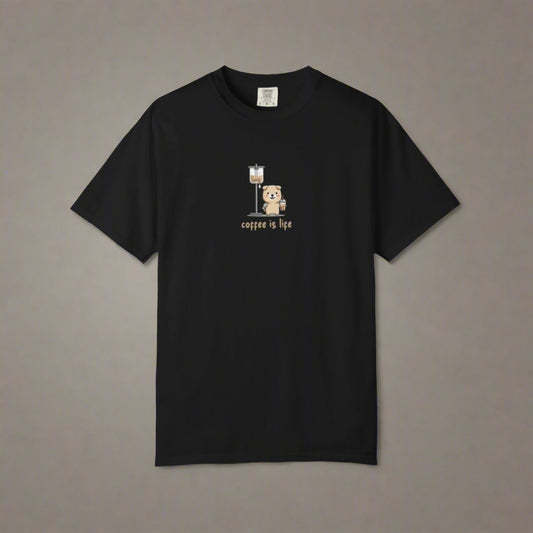 Black t-shirt with a graphic of a bear and coffee cup on a white background