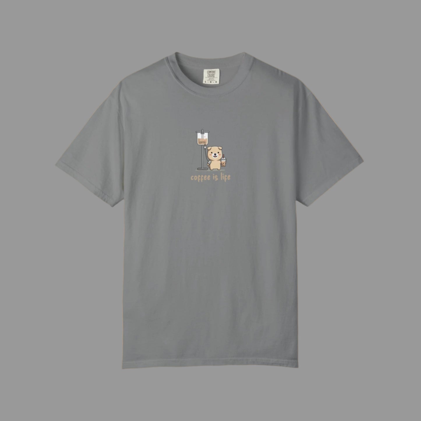 Gray t-shirt with a bear and coffee cup graphic on a white background