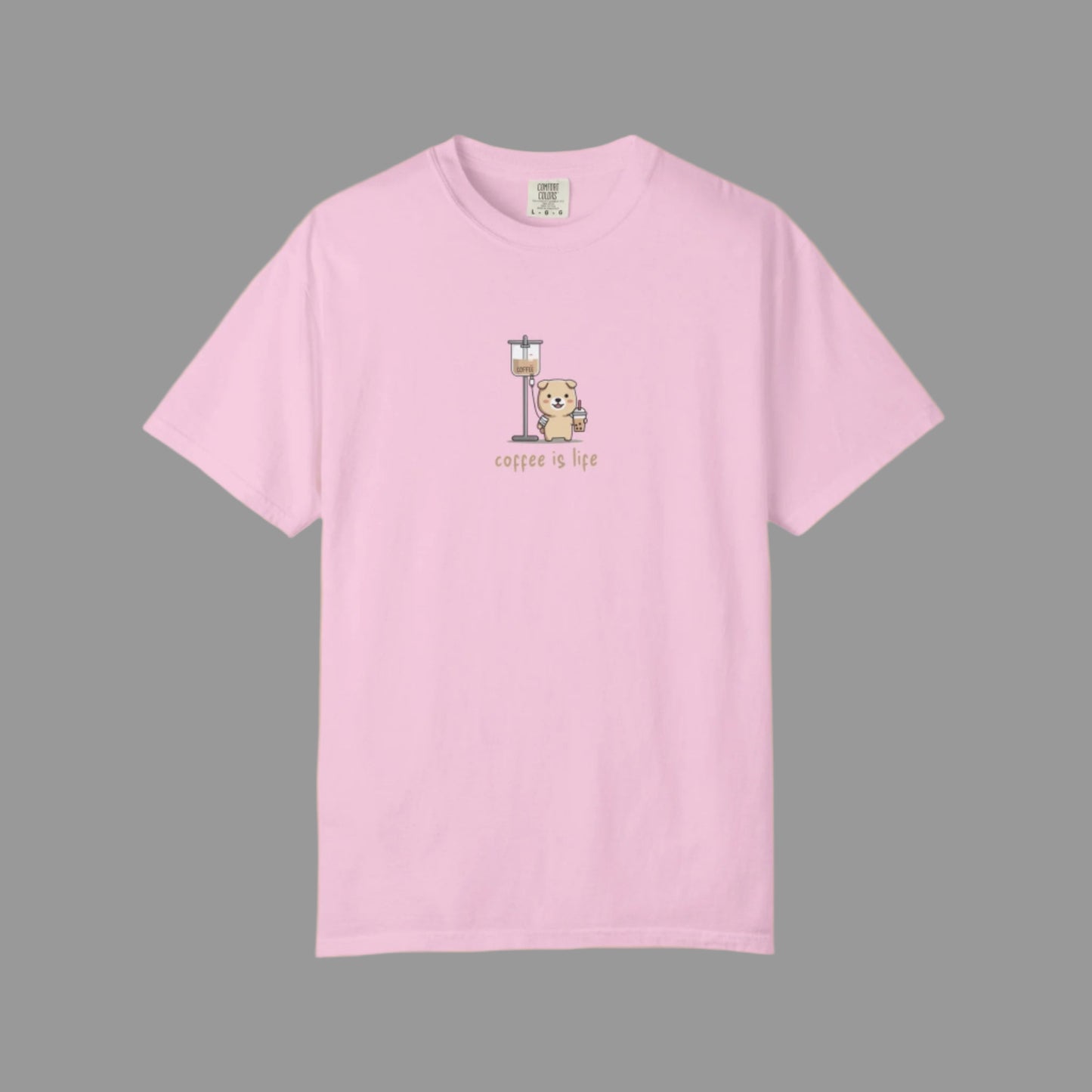 Pink t-shirt with a graphic design on a white background