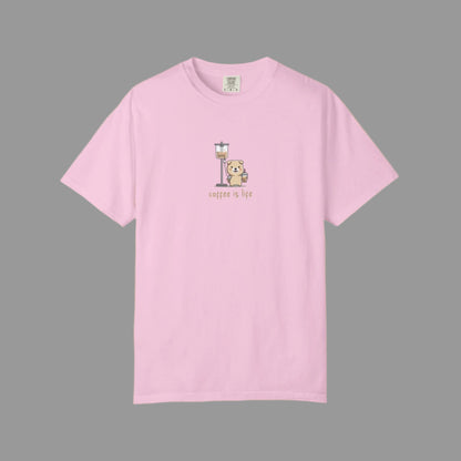 Pink t-shirt with a graphic design on a white background