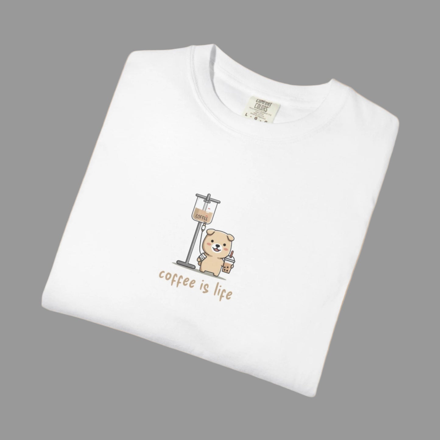 White t-shirt with a bear holding a coffee cup and 'coffee is life' text on a white background