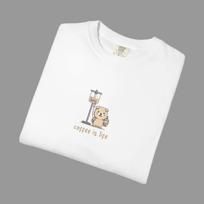 White t-shirt with a bear holding a coffee cup and 'coffee is life' text on a white background
