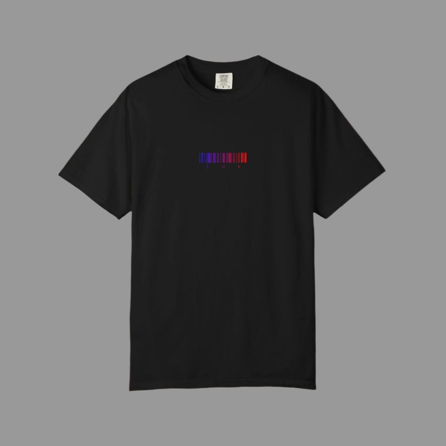 Black t-shirt with a colorful barcode design on a white background