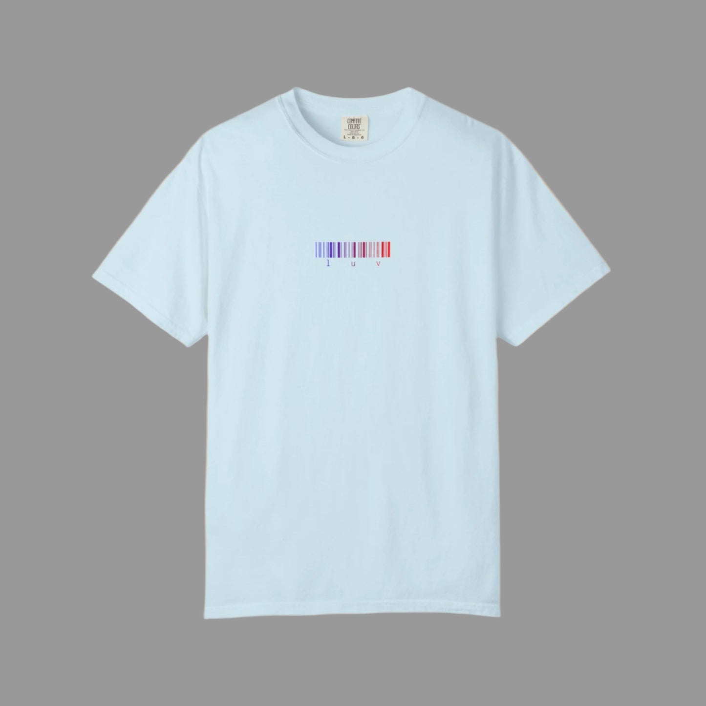 Light blue t-shirt with a colorful barcode design on a white background