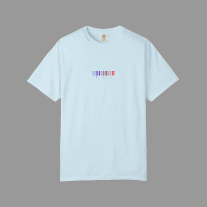 Light blue t-shirt with a colorful barcode design on a white background