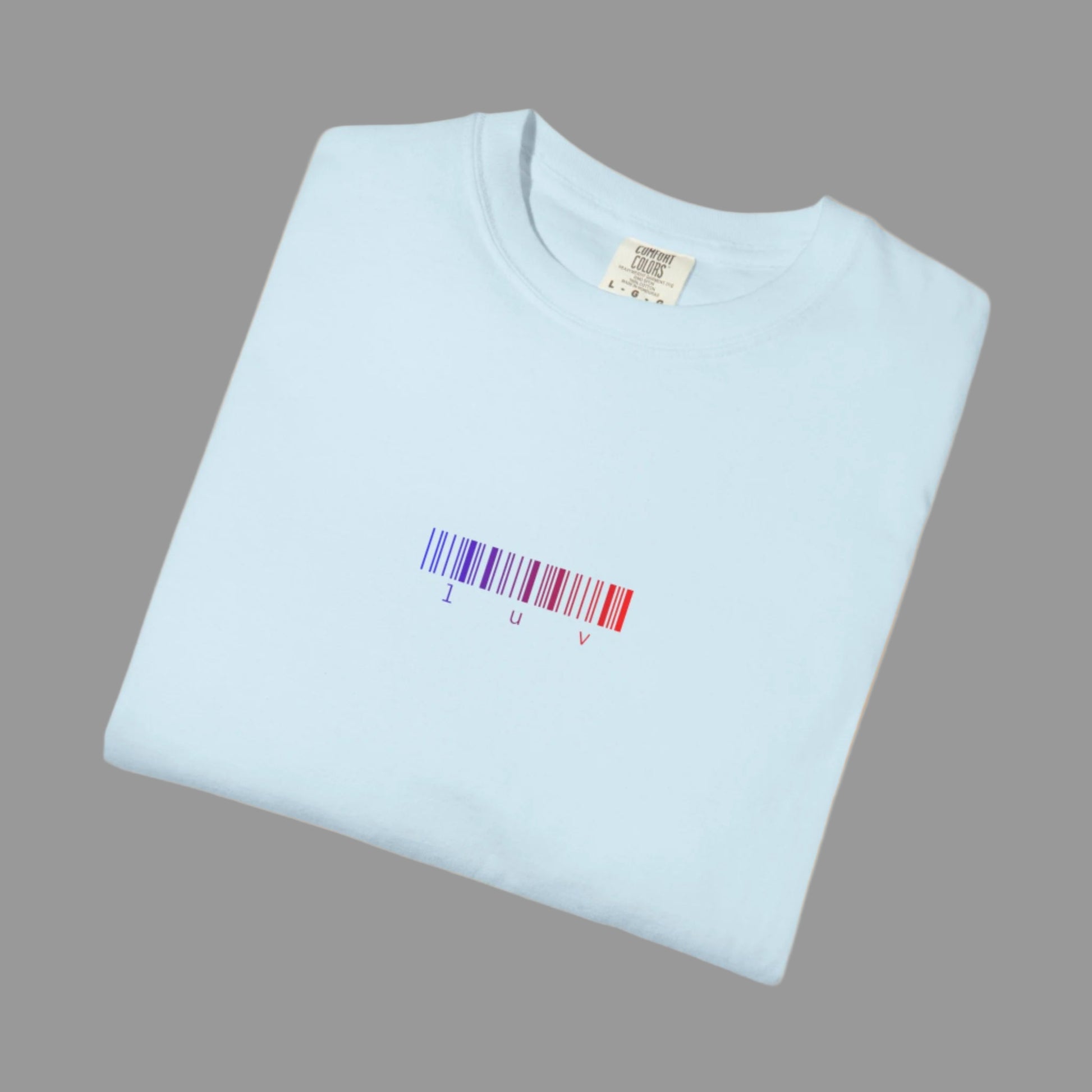 Light blue t-shirt with a barcode design on a white background