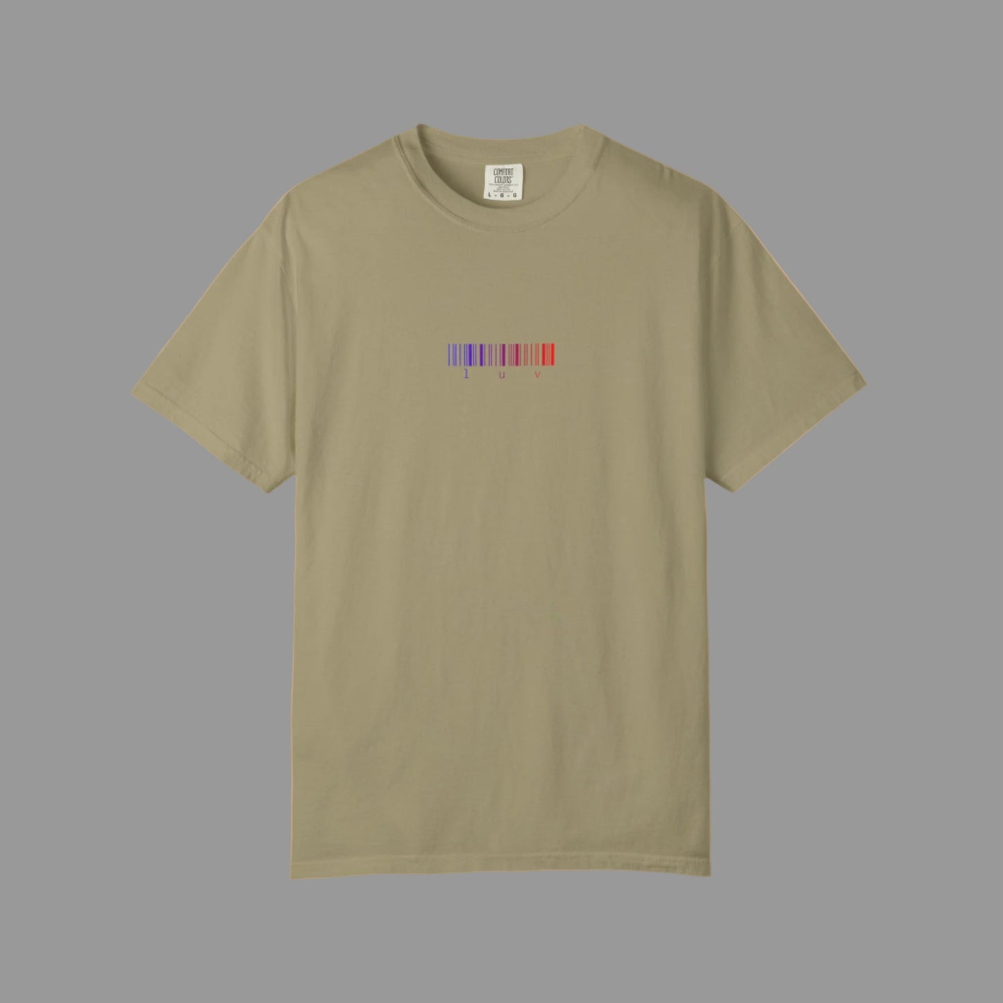 Khaki t-shirt with a colorful barcode design on a white backgroud