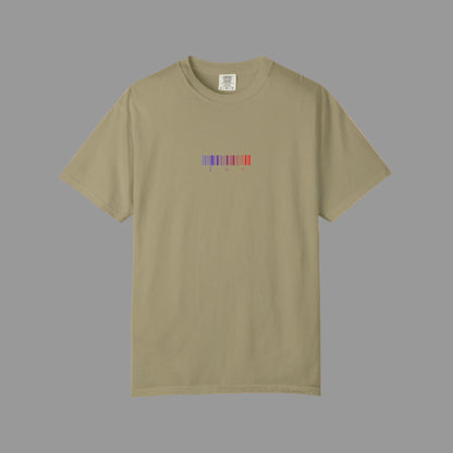 Khaki t-shirt with a colorful barcode design on a white backgroud