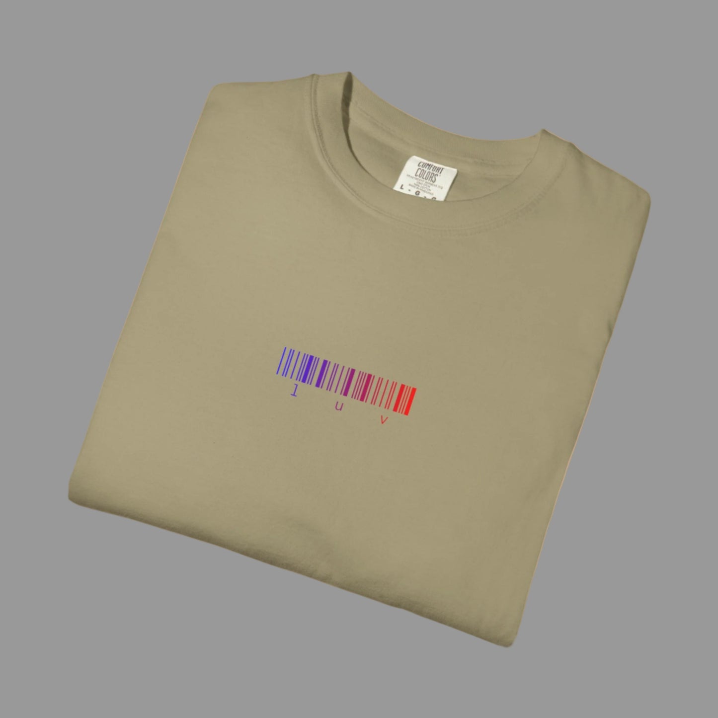 Folded khaki t-shirt with a colorful barcode design on a white background
