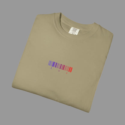 Folded khaki t-shirt with a colorful barcode design on a white background