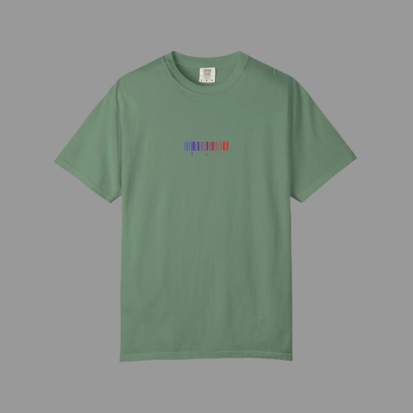 Green t-shirt with a colorful barcode design on a white background