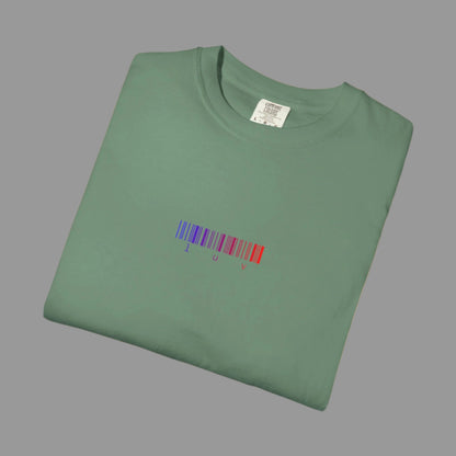 Folded green t-shirt with a barcode design on a white background