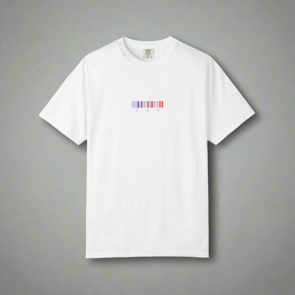 White t-shirt with a colorful logo on a white background