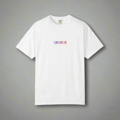 White t-shirt with a colorful logo on a white background