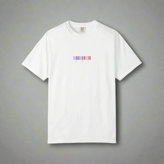 White t-shirt with a colorful logo on a white background