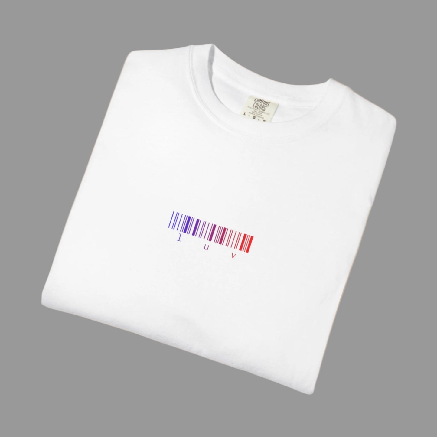 White t-shirt with a colorful barcode design on a white background