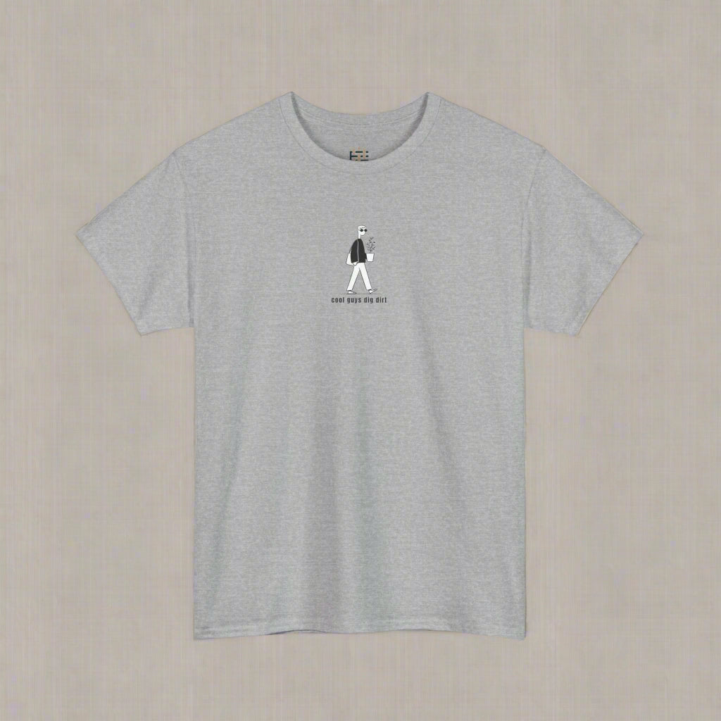 Gray t-shirt with a small graphic and text on a white background